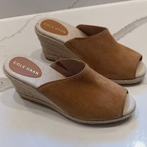 Cole Haan Tan Suede Open-Toe Espadrille Wedge Mules